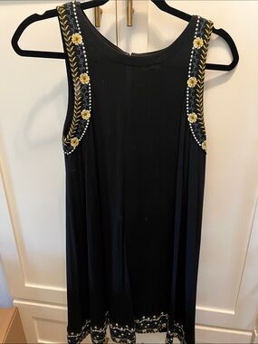 LOFT Black Sleeveless Embroidered Floral Swing Dress with Yellow Accents